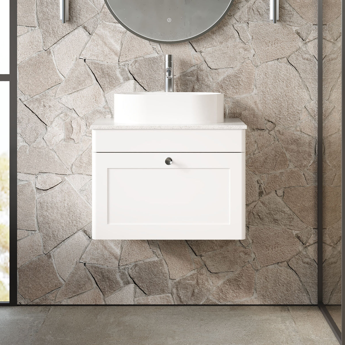 Modern Splash 600mm Satin White  1 Drawer Wall Hung Vanity Unit With White Marble Worktop