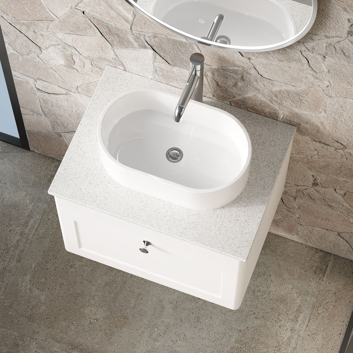 Modern Splash 600mm Satin White  1 Drawer Wall Hung Vanity Unit With White Marble Worktop