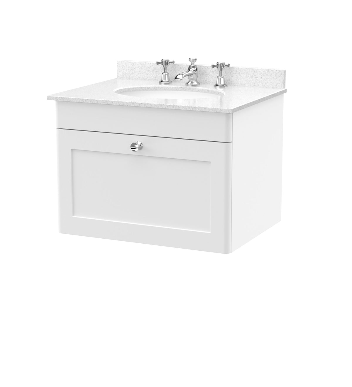 Modern Splash 600mm Satin White 1 Drawer Wall Hung Vanity Unit With 3 Tap Hole Marble Basin