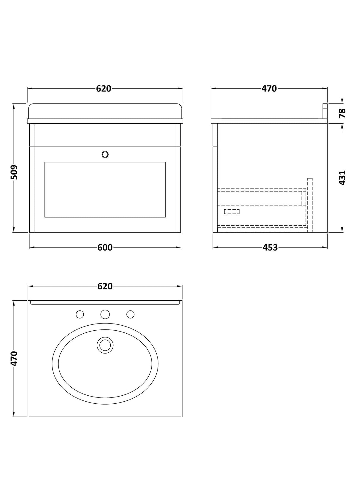 Modern Splash 600mm Satin White 1 Drawer Wall Hung Vanity Unit With 3 Tap Hole Marble Basin