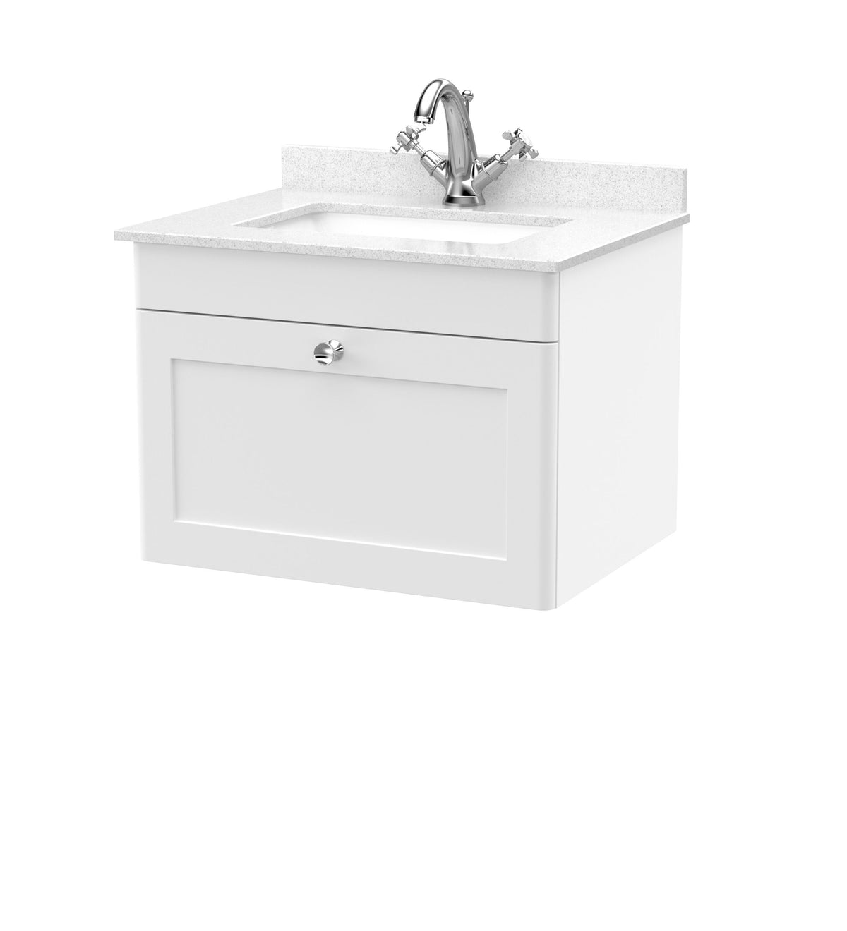 Modern Splash 600mm Satin White 1 Drawer Wall Hung Vanity Unit With 1 Tap Hole Marble Basin