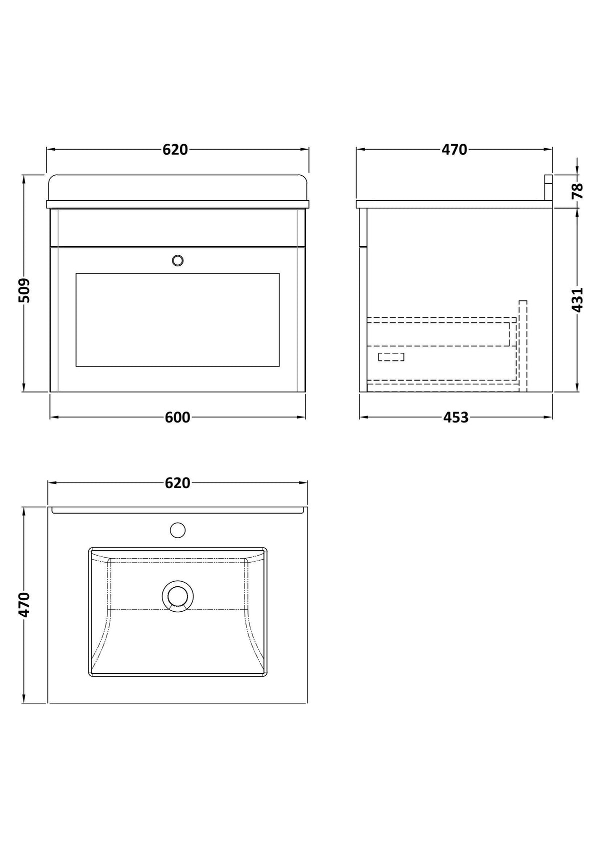 Modern Splash 600mm Satin White 1 Drawer Wall Hung Vanity Unit With 1 Tap Hole Marble Basin