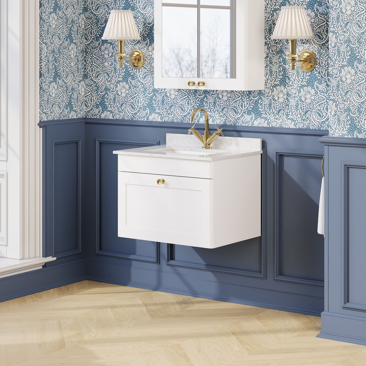 Modern Splash 600mm Satin White 1 Drawer Wall Hung Vanity Unit With 1 Tap Hole Marble Basin