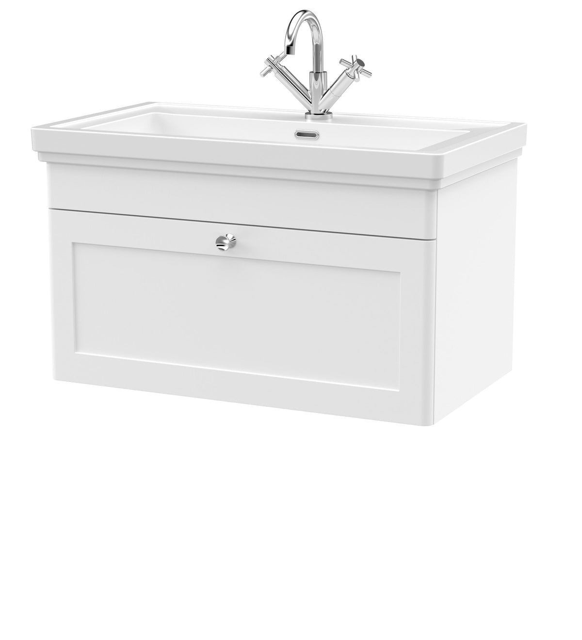 Modern Splash 800mm Satin White 1 Drawer Wall Hung Vanity Unit With 1 Tap Hole Basin With Ceramic Basin