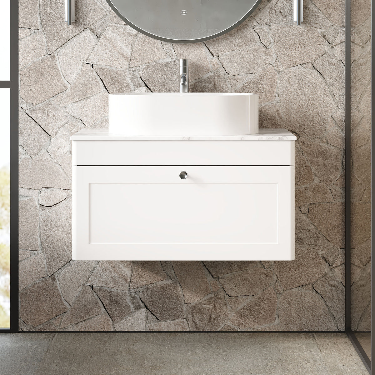 Modern Splash 800mm Satin White 1 Drawer Wall Hung Vanity Unit With Carrara Marble Worktop
