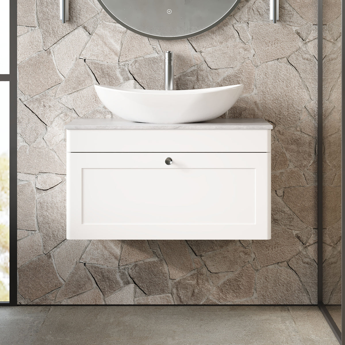 Modern Splash 800mm Satin White 1 Drawer Wall Hung Vanity With Grey Marble Worktop