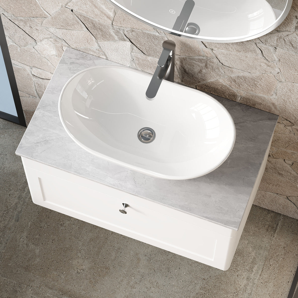 Modern Splash 800mm Satin White 1 Drawer Wall Hung Vanity With Grey Marble Worktop