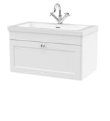 Modern Splash 800mm Satin White 1 Drawer Wall Hung Vanity Unit With 1 Tap Hole Fireclay Basin