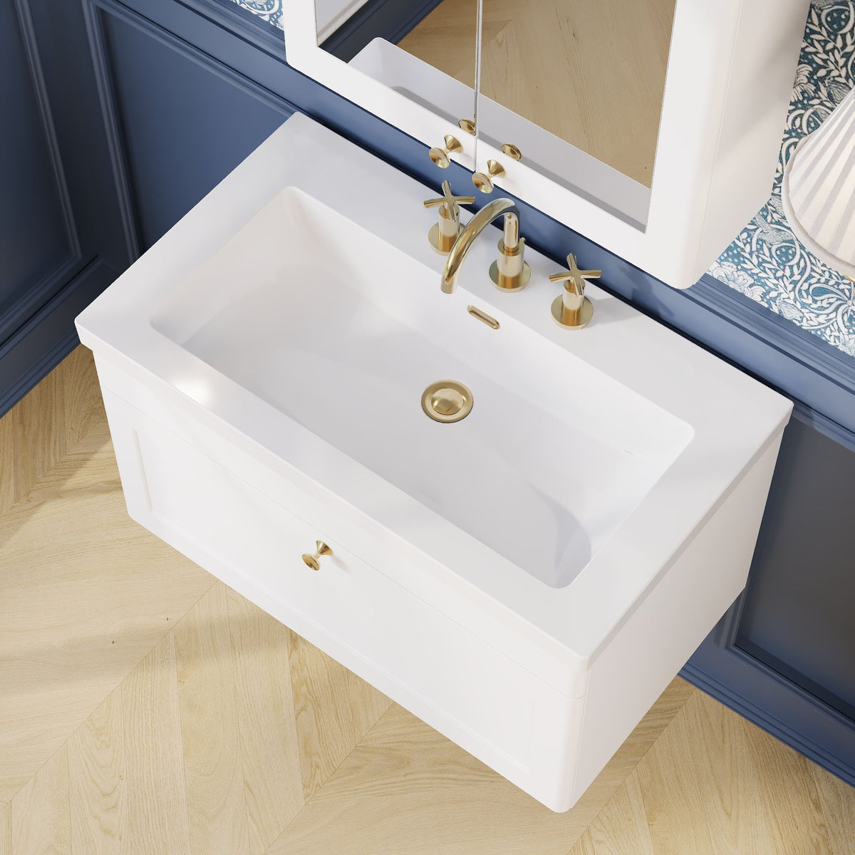Modern Splash 800mm Satin White 1 Drawer Wall Hung Vanity Unit With 3 Tap Hole Fireclay Basin