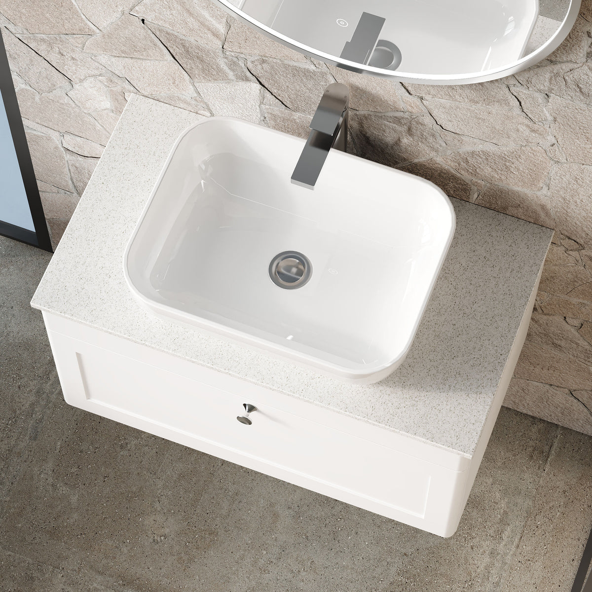 Modern Splash 800mm Satin White 1 Drawer Wall Hung Vanity With White Marble Worktop
