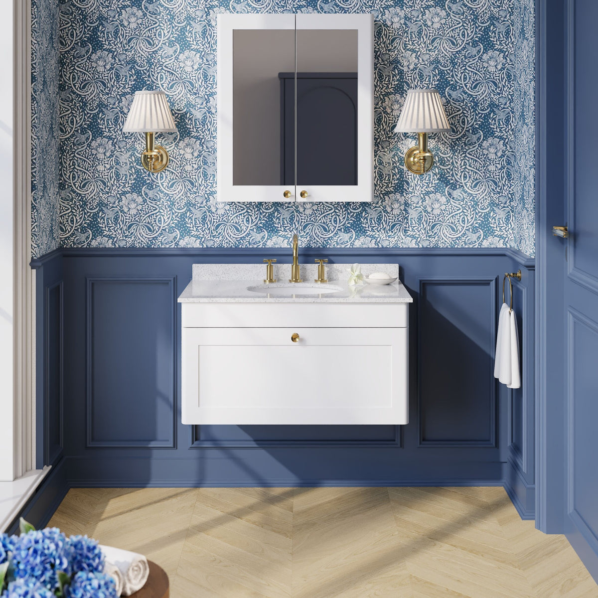 Modern Splash 800mm Satin White 1 Drawer Wall Hung Vanity Unit With 3 Tap Hole Marble Basin