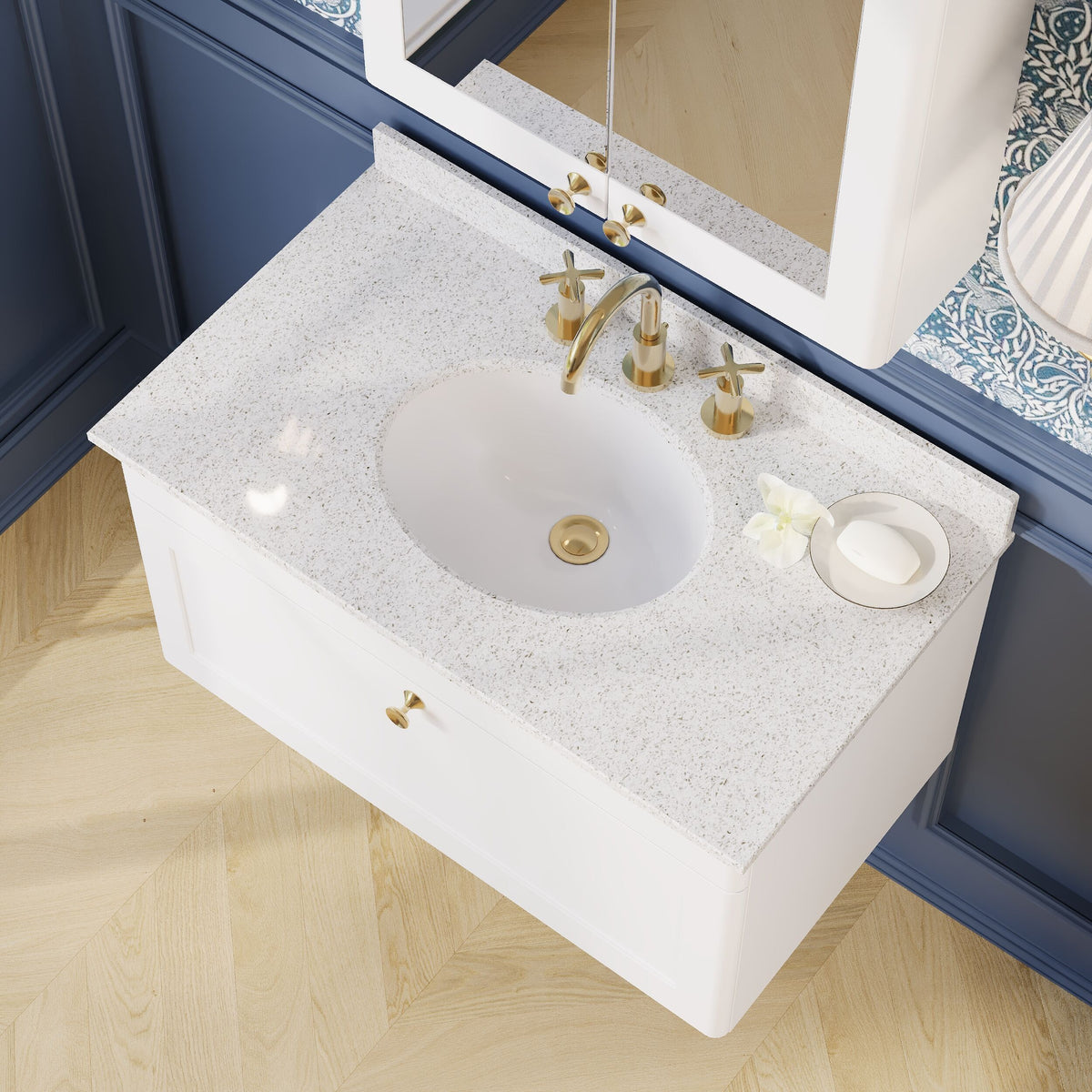 Modern Splash 800mm Satin White 1 Drawer Wall Hung Vanity Unit With 3 Tap Hole Marble Basin