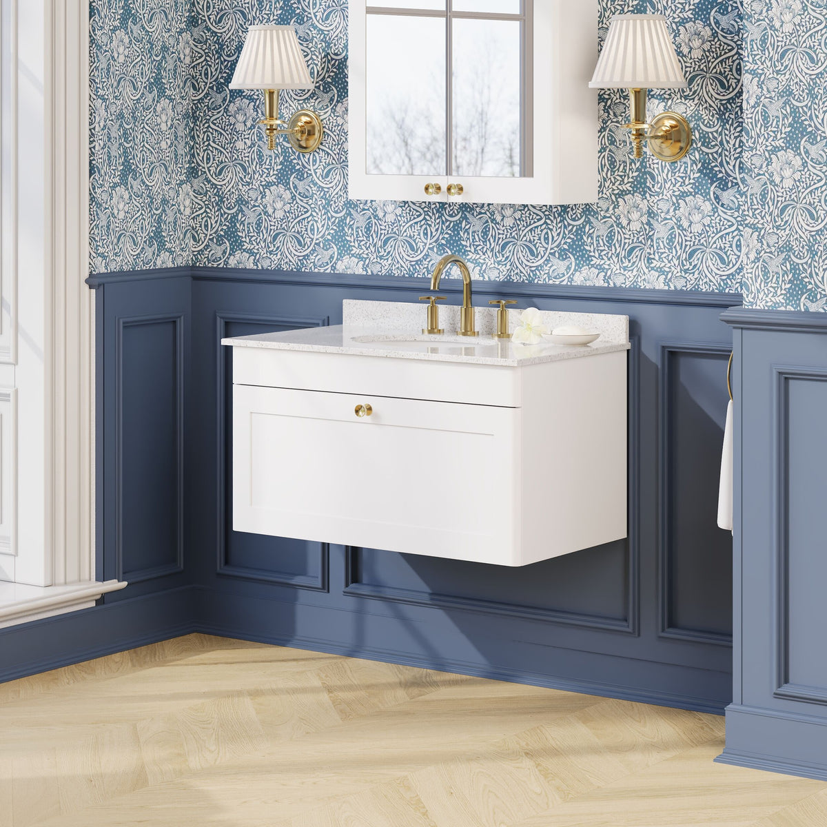 Modern Splash 800mm Satin White 1 Drawer Wall Hung Vanity Unit With 3 Tap Hole Marble Basin