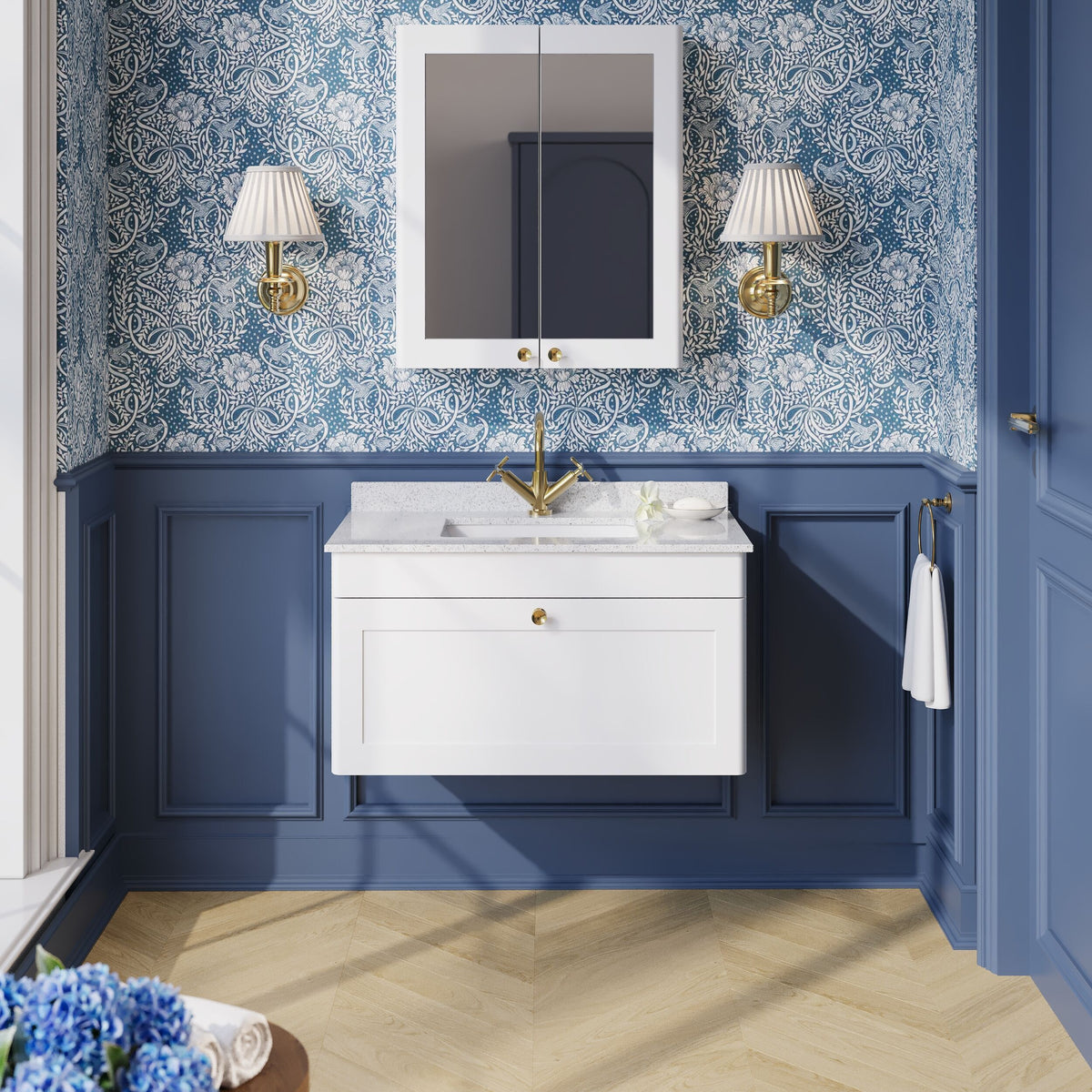 Modern Splash 800mm Satin White 1 Drawer Wall Hung Vanity Unit With 1 Tap Hole Marble Basin