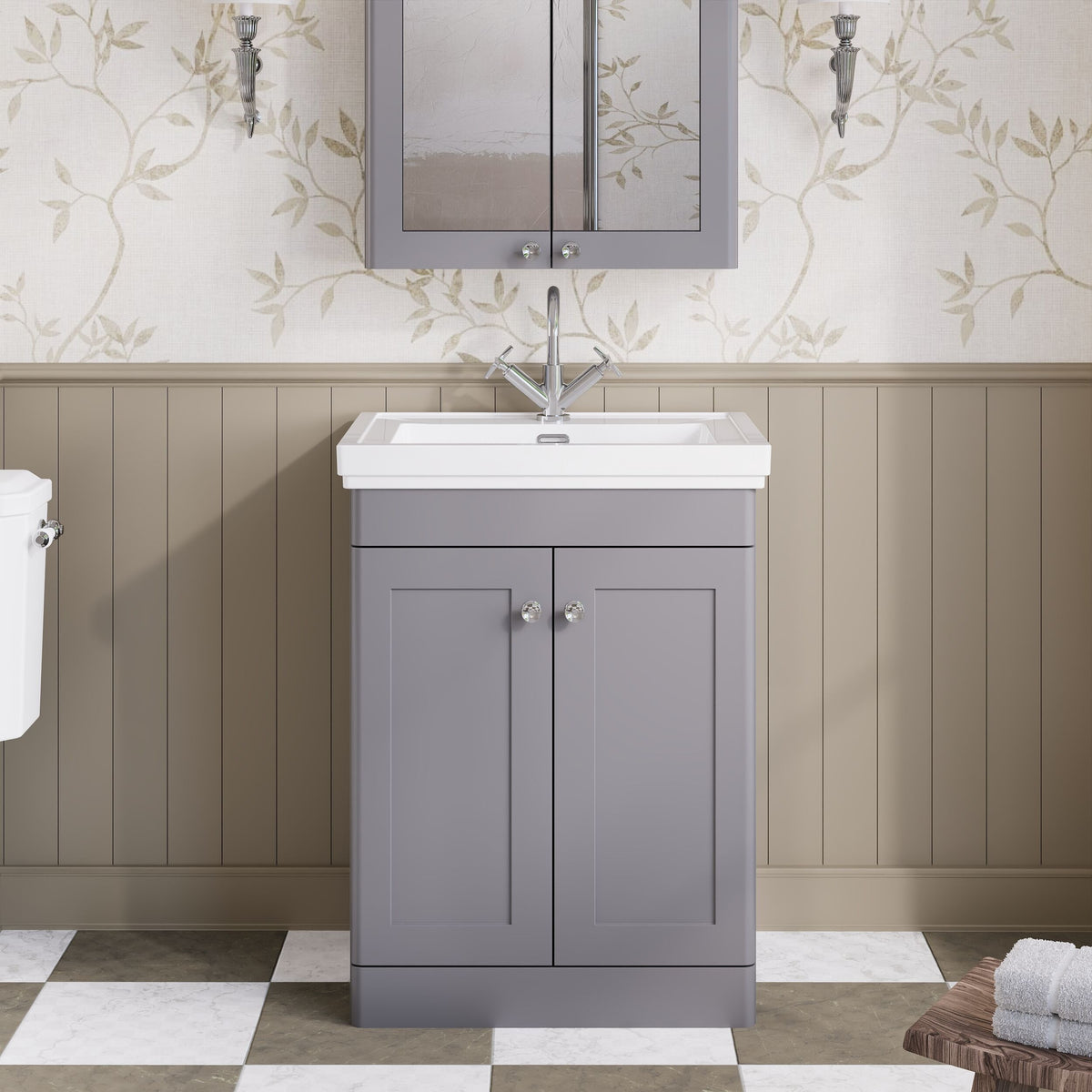 Modern Splash 600mm Satin Grey 2 Door Floor Standing Vanity Unit With 1 Tap Hole Basin With Ceramic Basin