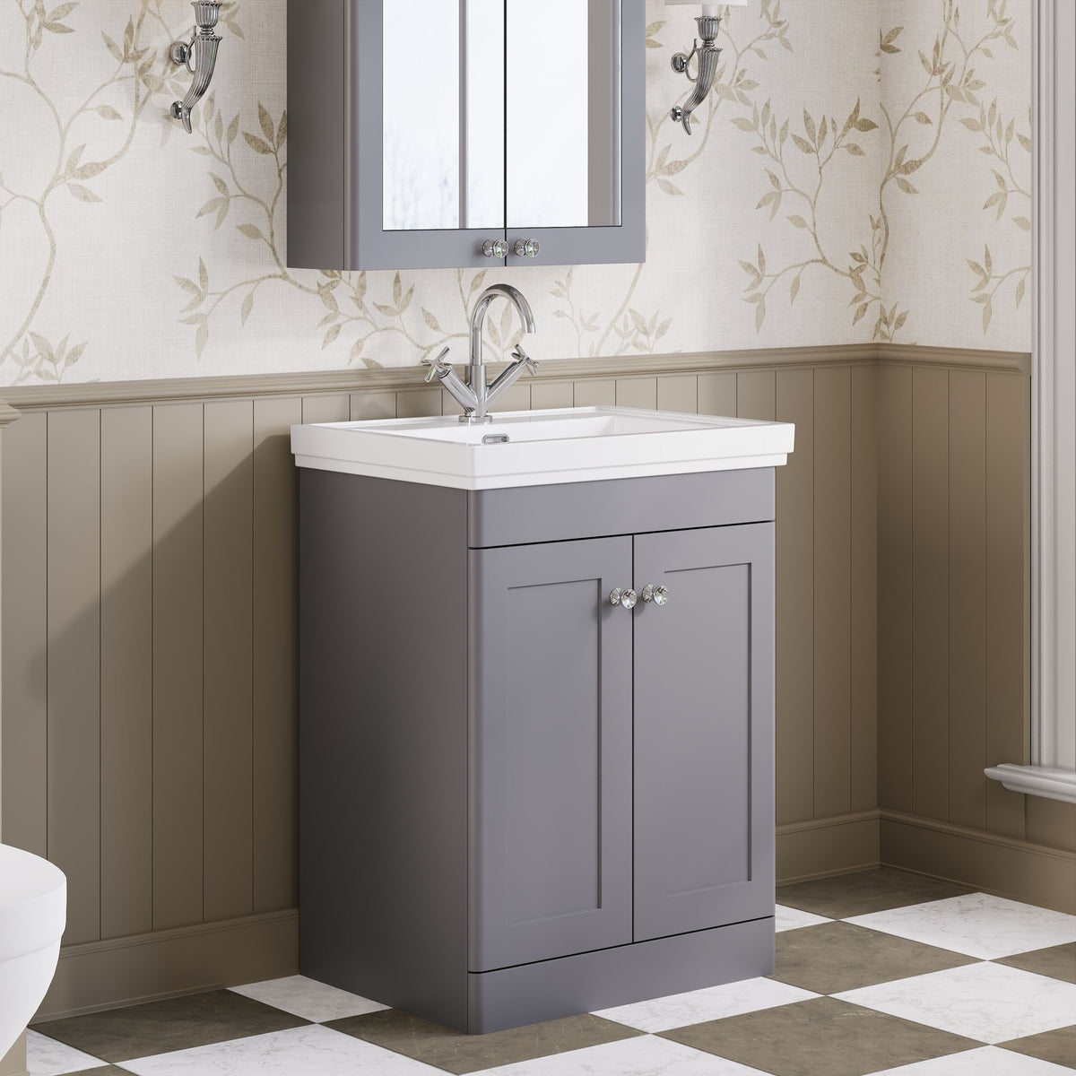 Modern Splash 600mm Satin Grey 2 Door Floor Standing Vanity Unit With 1 Tap Hole Basin With Ceramic Basin