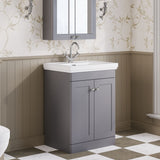 Modern Splash 600mm Satin Grey 2 Door Floor Standing Vanity Unit With 1 Tap Hole Basin With Ceramic Basin