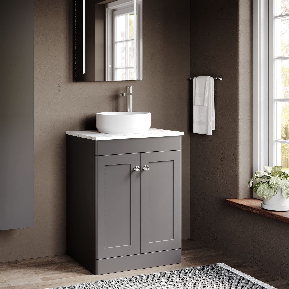 Modern Splash 600mm Satin Grey 2 Door Floor Standing Vanity Unit With Carrara Marble Worktop