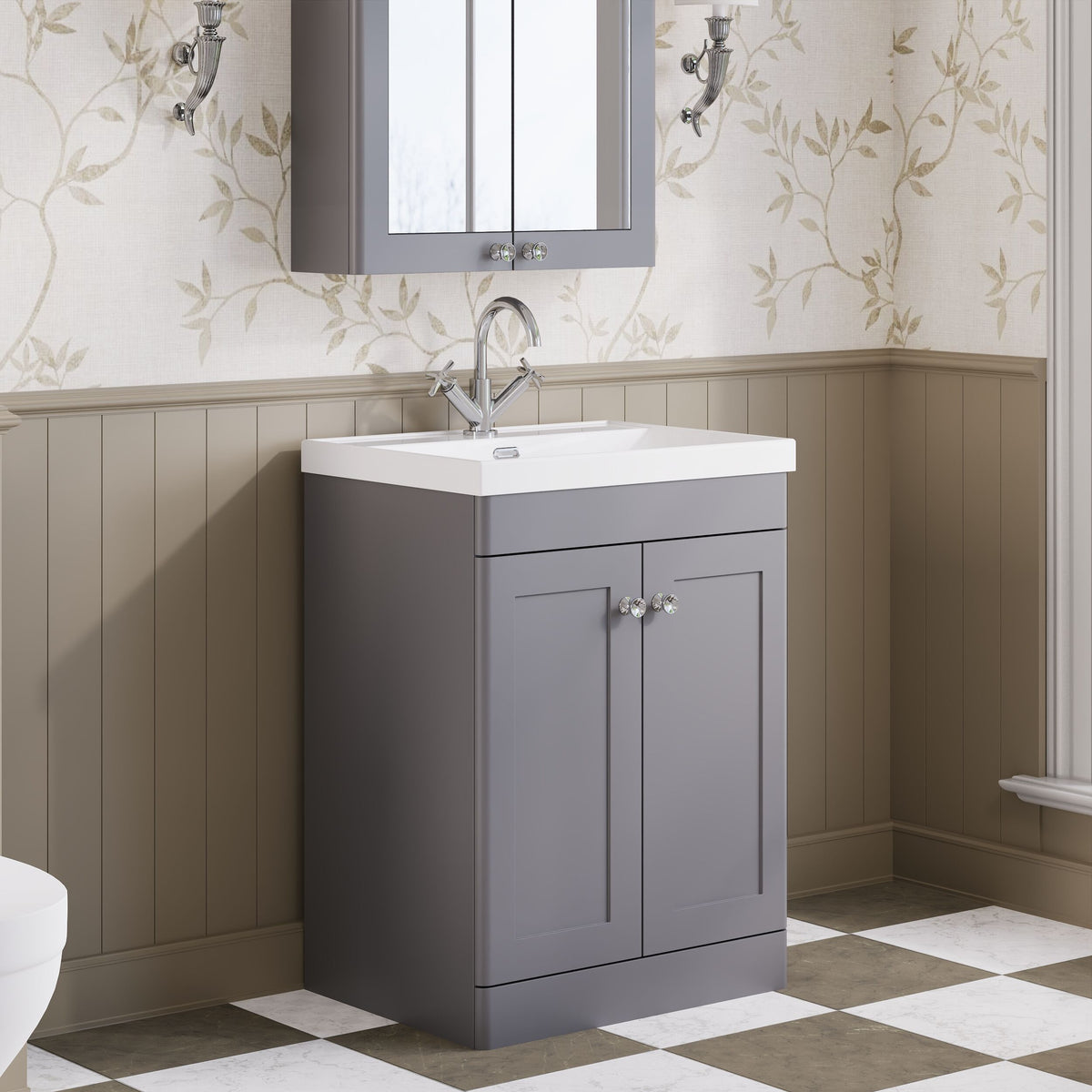 Modern Splash 600mm Satin Grey 2 Door Floor Standing Vanity Unit With 1 Tap Hole Thin Edge Basin