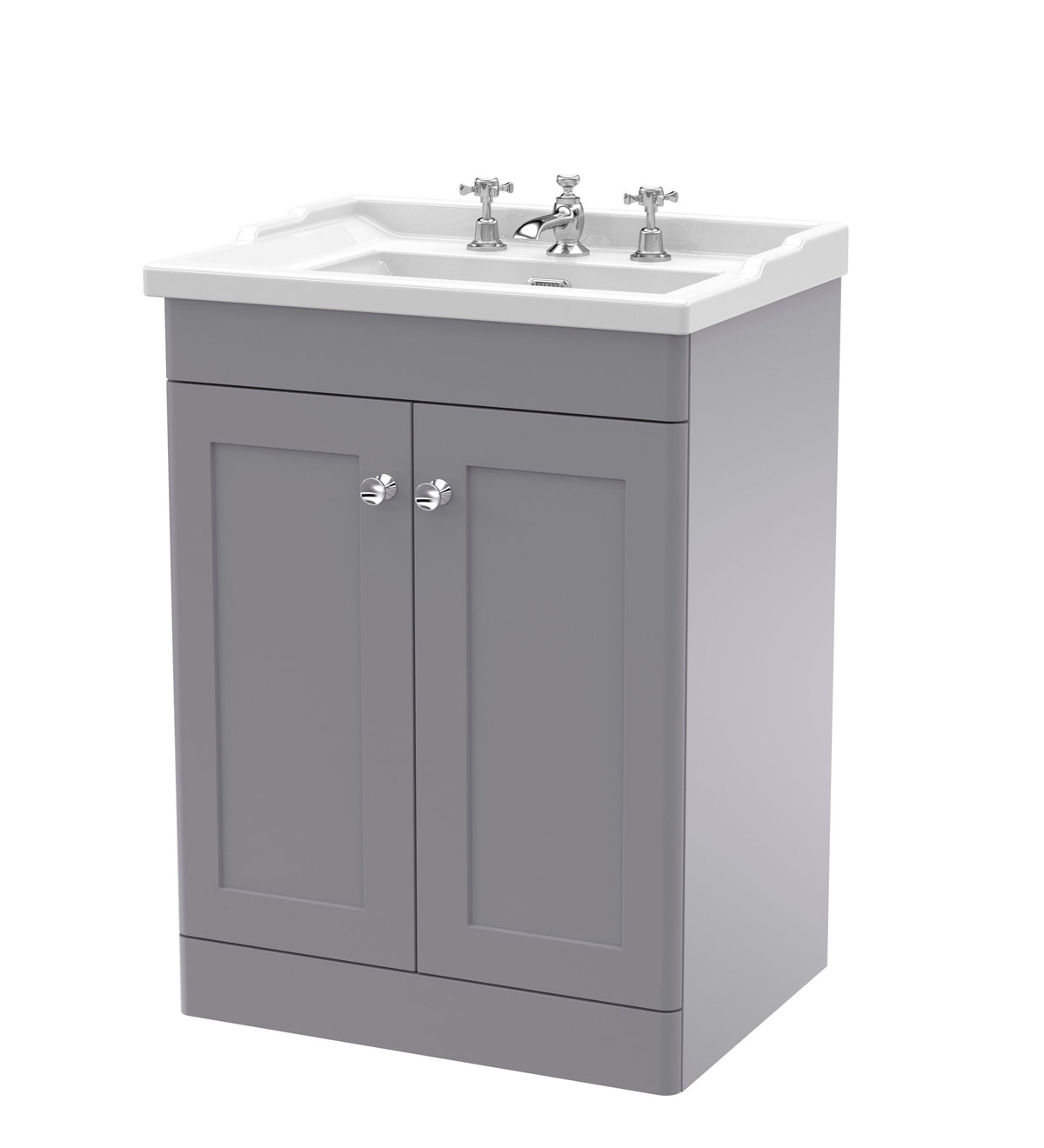 Modern Splash 600mm Satin Grey 2 Door Floor Standing Vanity Unit With 3 Tap Hole Basin