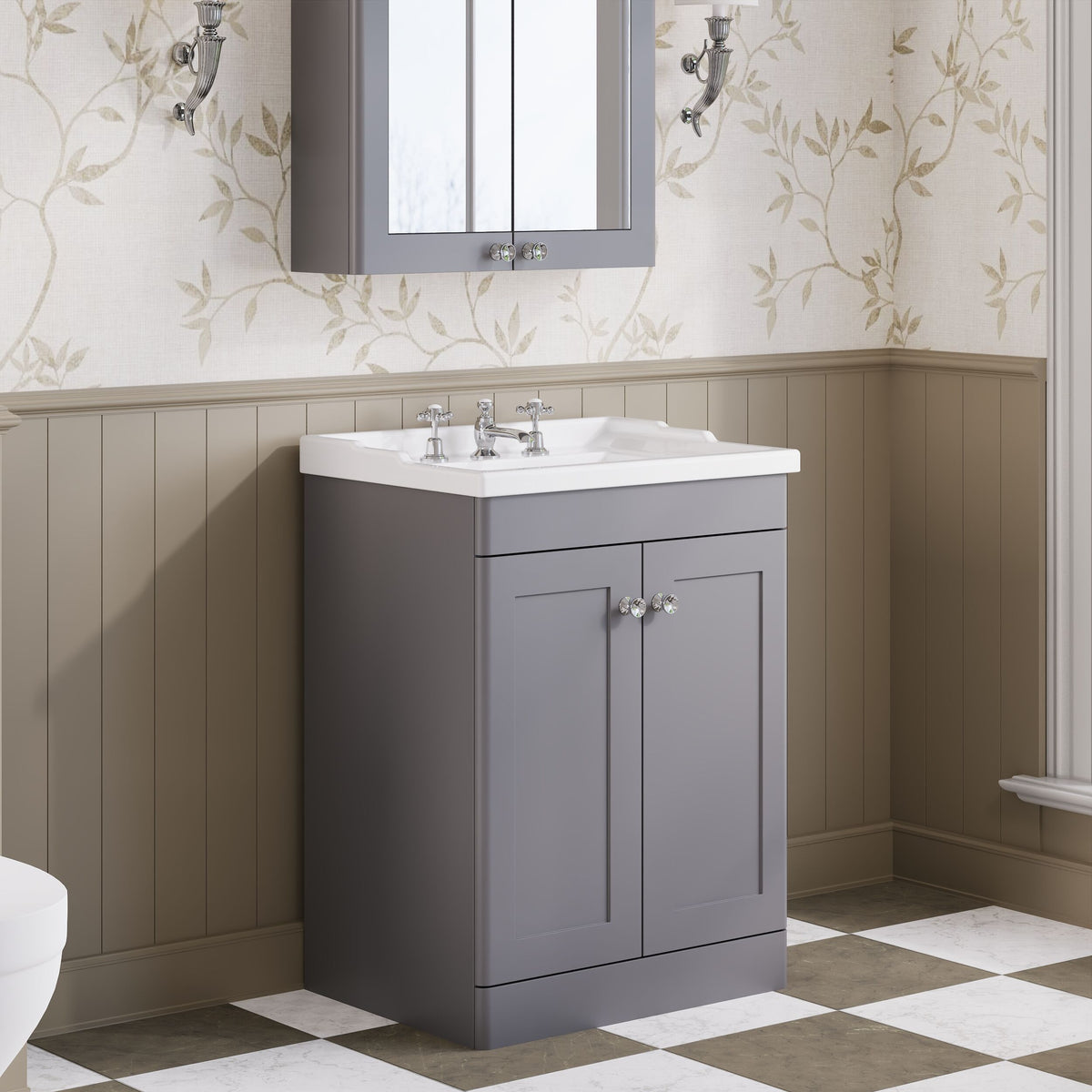 Modern Splash 600mm Satin Grey 2 Door Floor Standing Vanity Unit With 3 Tap Hole Basin