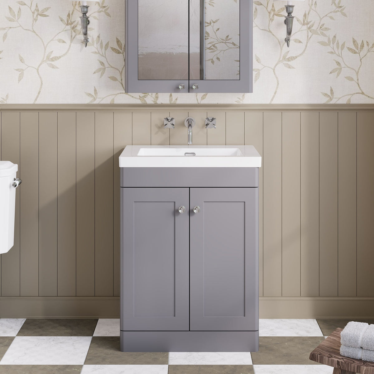 Modern Splash 600mm Satin Grey 2 Door Floor Standing Vanity Unit With Fireclay Basin