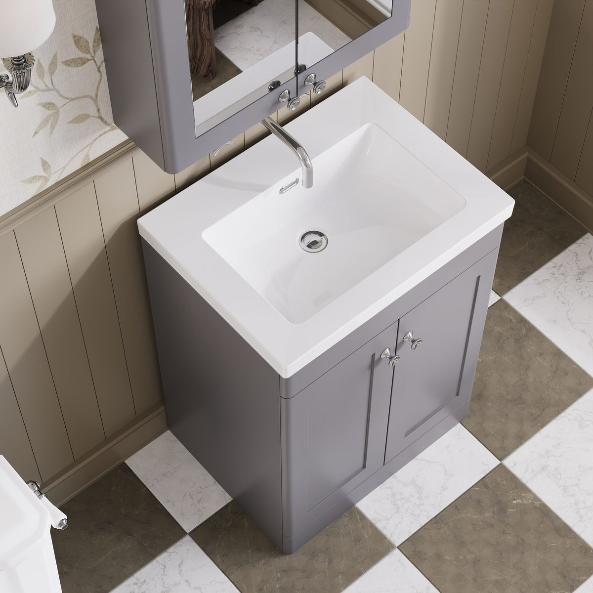 Modern Splash 600mm Satin Grey 2 Door Floor Standing Vanity Unit With Fireclay Basin