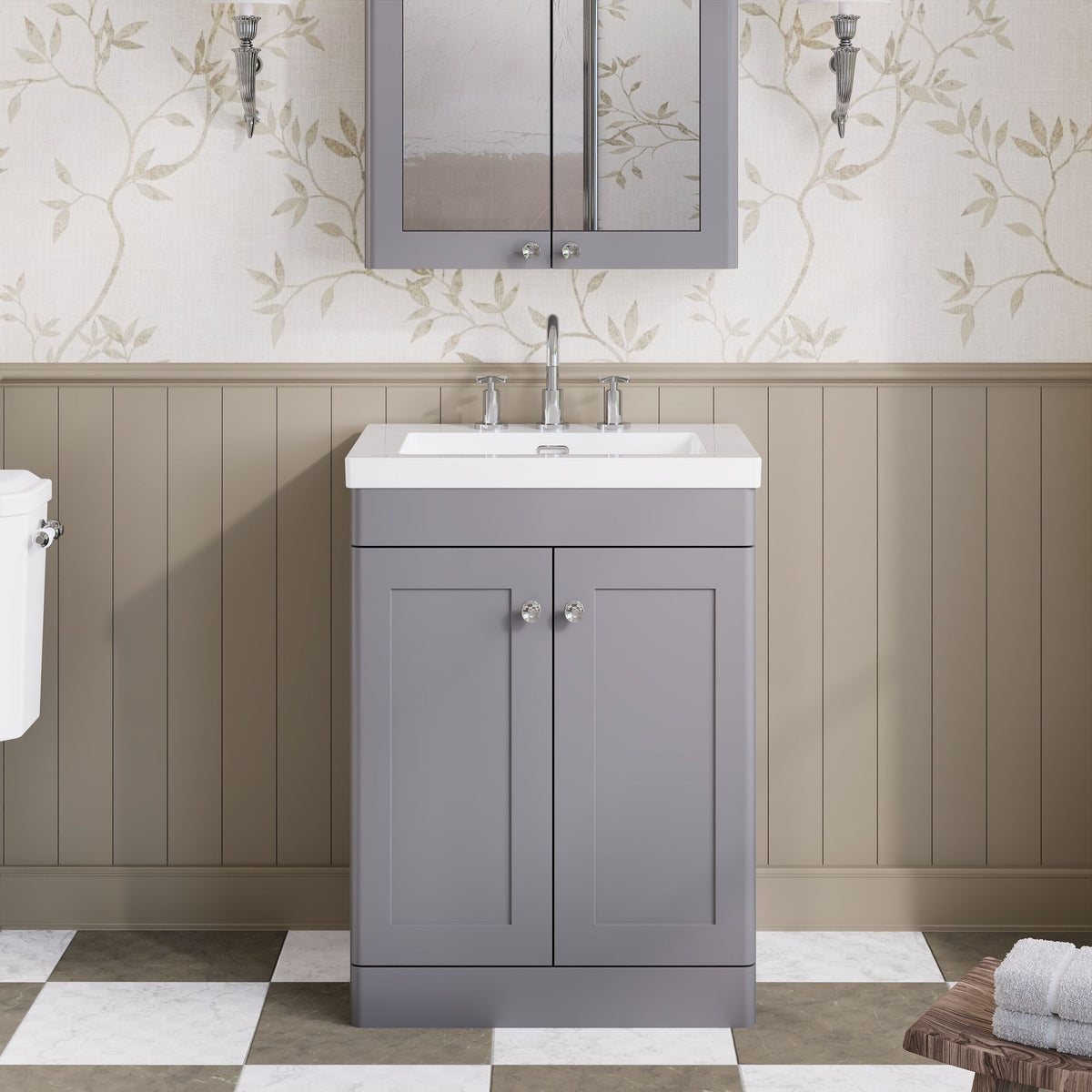 Modern Splash 600mm Satin Grey 2 Door Floor Standing Vanity Unit With 3 Tap Hole Fireclay Basin