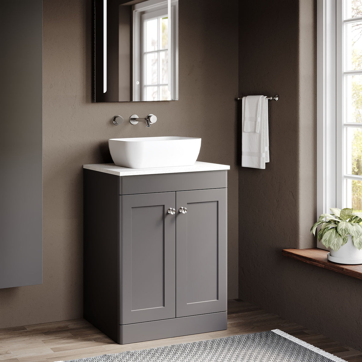 Modern Splash 600mm Satin Grey 2 Door Floor Standing Vanity With White Marble Worktop