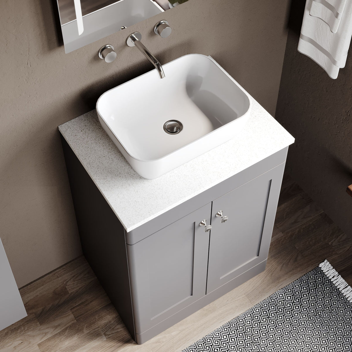 Modern Splash 600mm Satin Grey 2 Door Floor Standing Vanity With White Marble Worktop