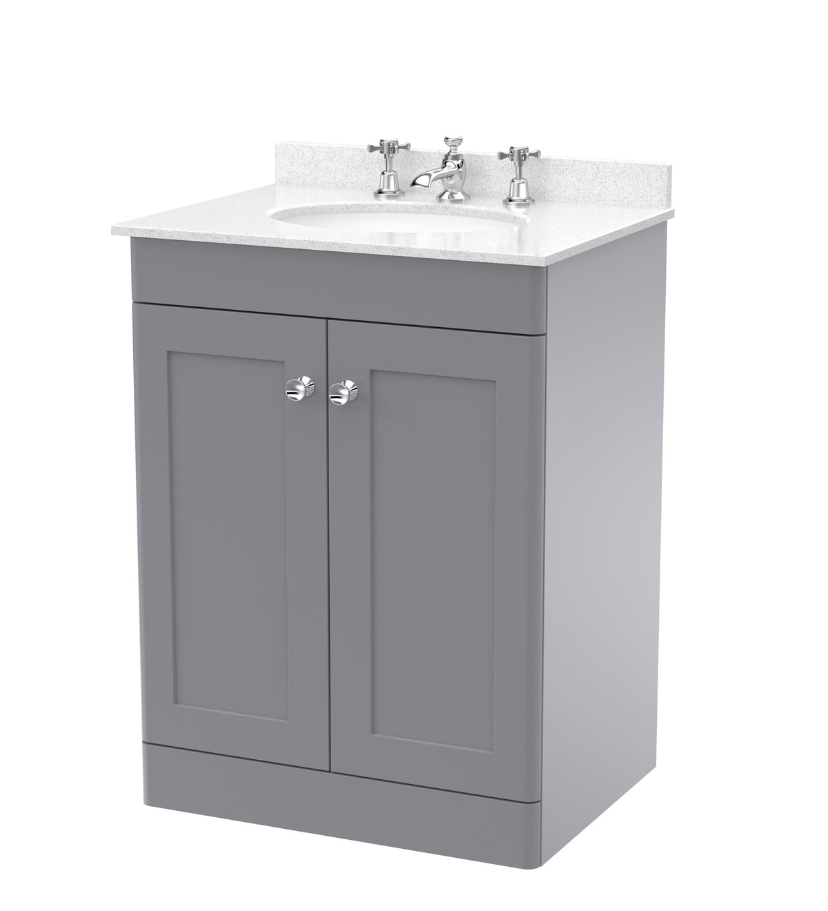 Modern Splash 600mm Satin Grey 2 Door Floor Standing Vanity Unit With 3 Tap Hole Marble Basin