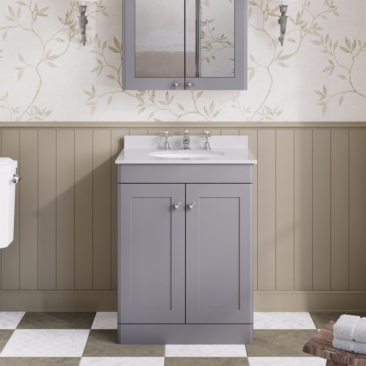 Modern Splash 600mm Satin Grey 2 Door Floor Standing Vanity Unit With 3 Tap Hole Marble Basin