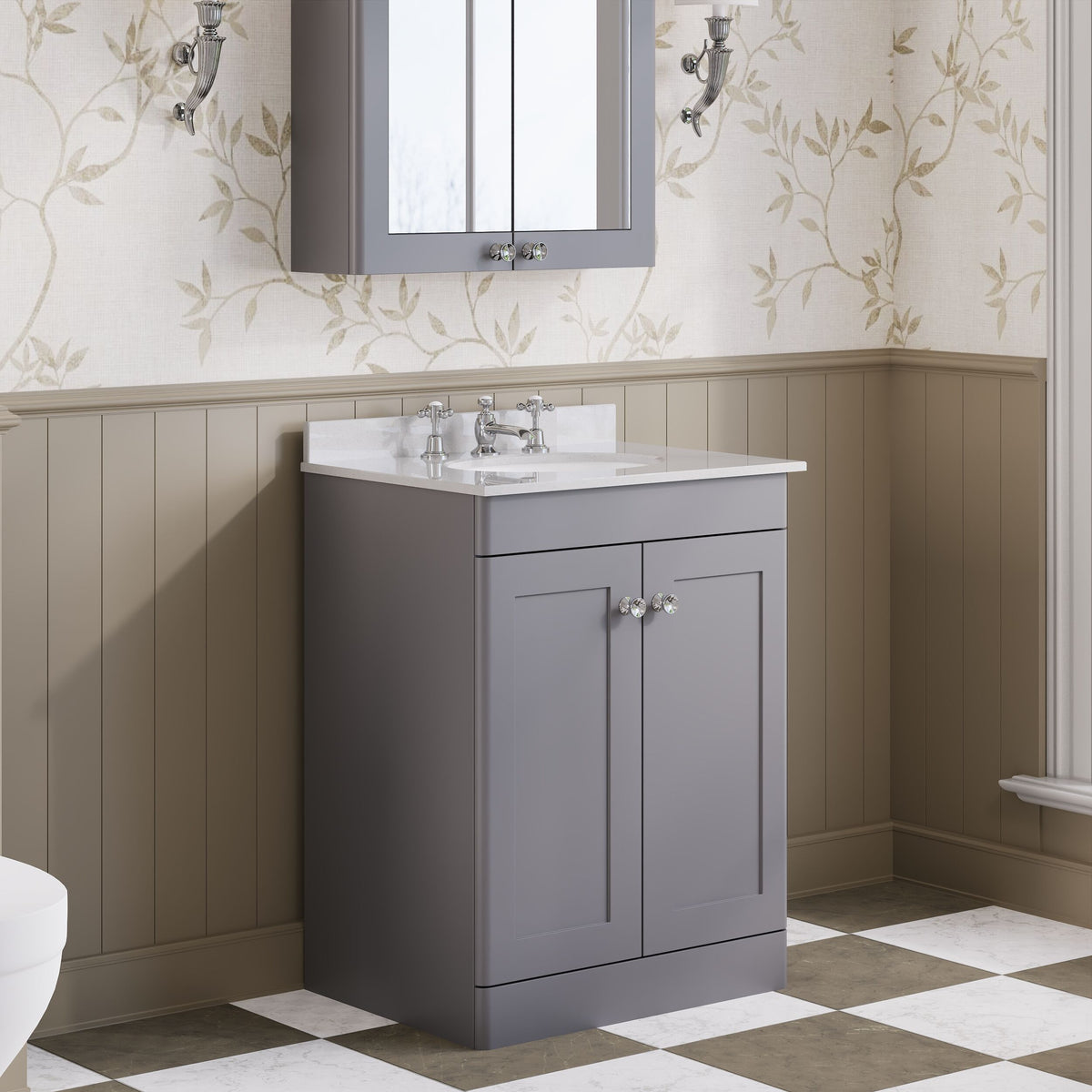 Modern Splash 600mm Satin Grey 2 Door Floor Standing Vanity Unit With 3 Tap Hole Marble Basin