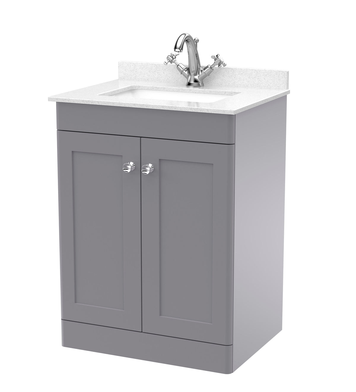 Modern Splash 600mm Satin Grey 2 Door Floor Standing Vanity Unit With 1 Tap Hole Marble Basin