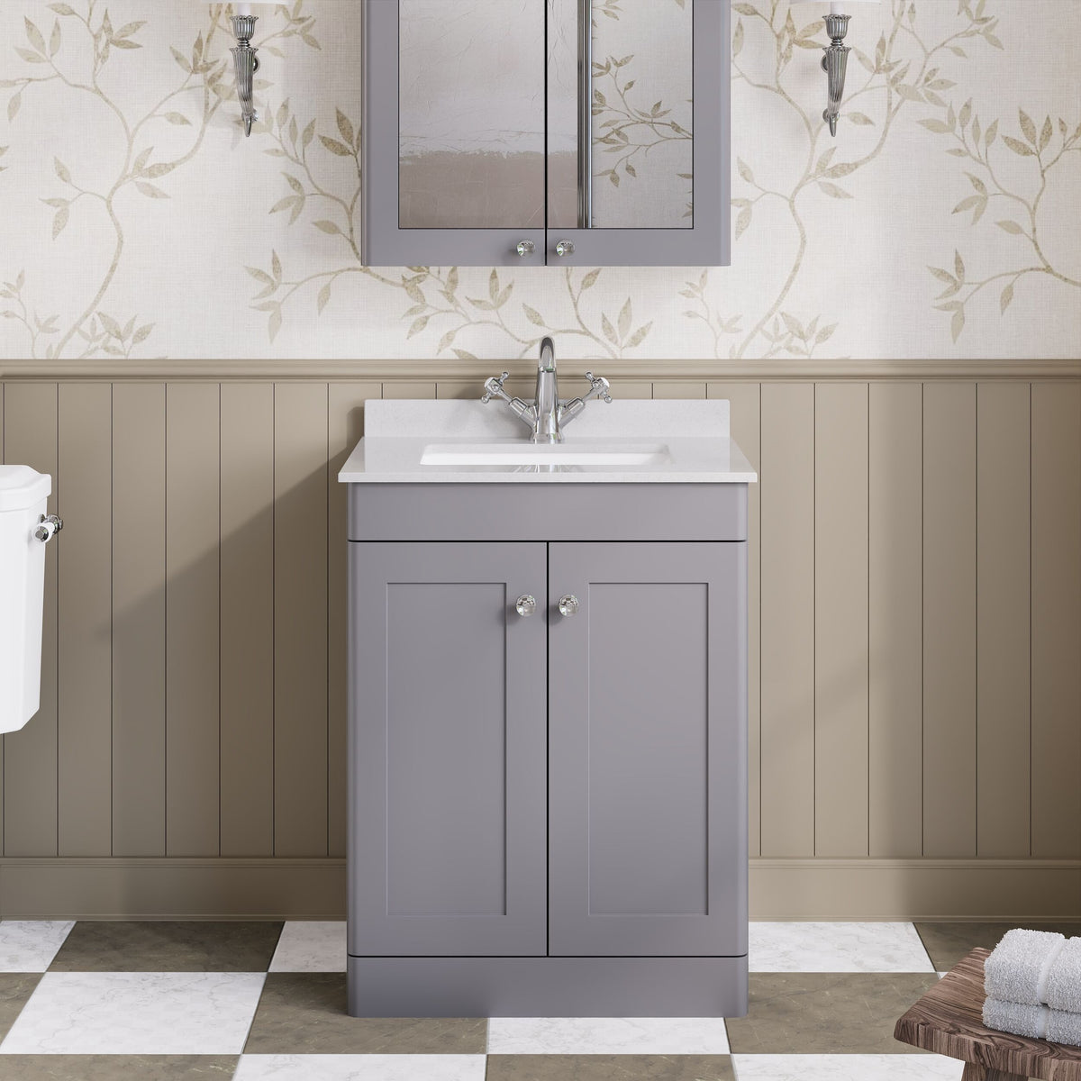 Modern Splash 600mm Satin Grey 2 Door Floor Standing Vanity Unit With 1 Tap Hole Marble Basin