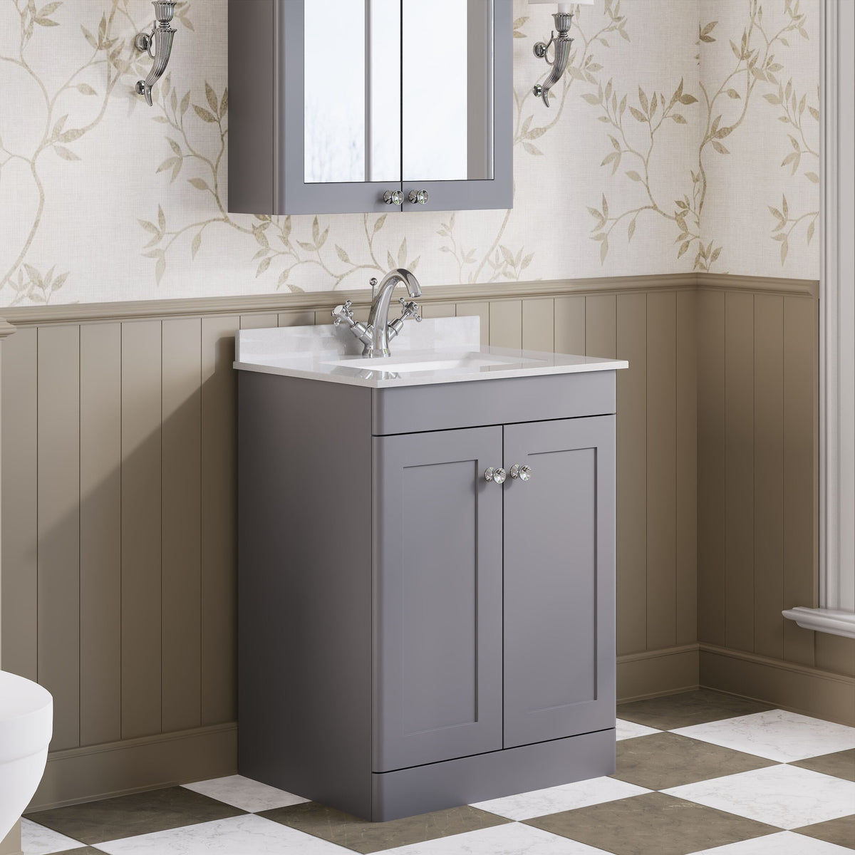 Modern Splash 600mm Satin Grey 2 Door Floor Standing Vanity Unit With 1 Tap Hole Marble Basin
