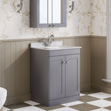 Modern Splash 600mm Satin Grey 2 Door Floor Standing Vanity Unit With 1 Tap Hole Marble Basin