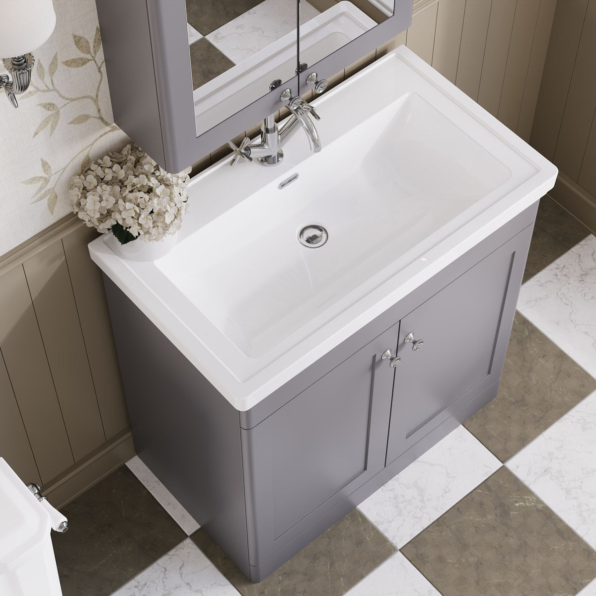 Modern Splash 800mm Satin Grey 2 Door Floor Standing Vanity Unit With 1 Tap Hole Basin With Ceramic Basin