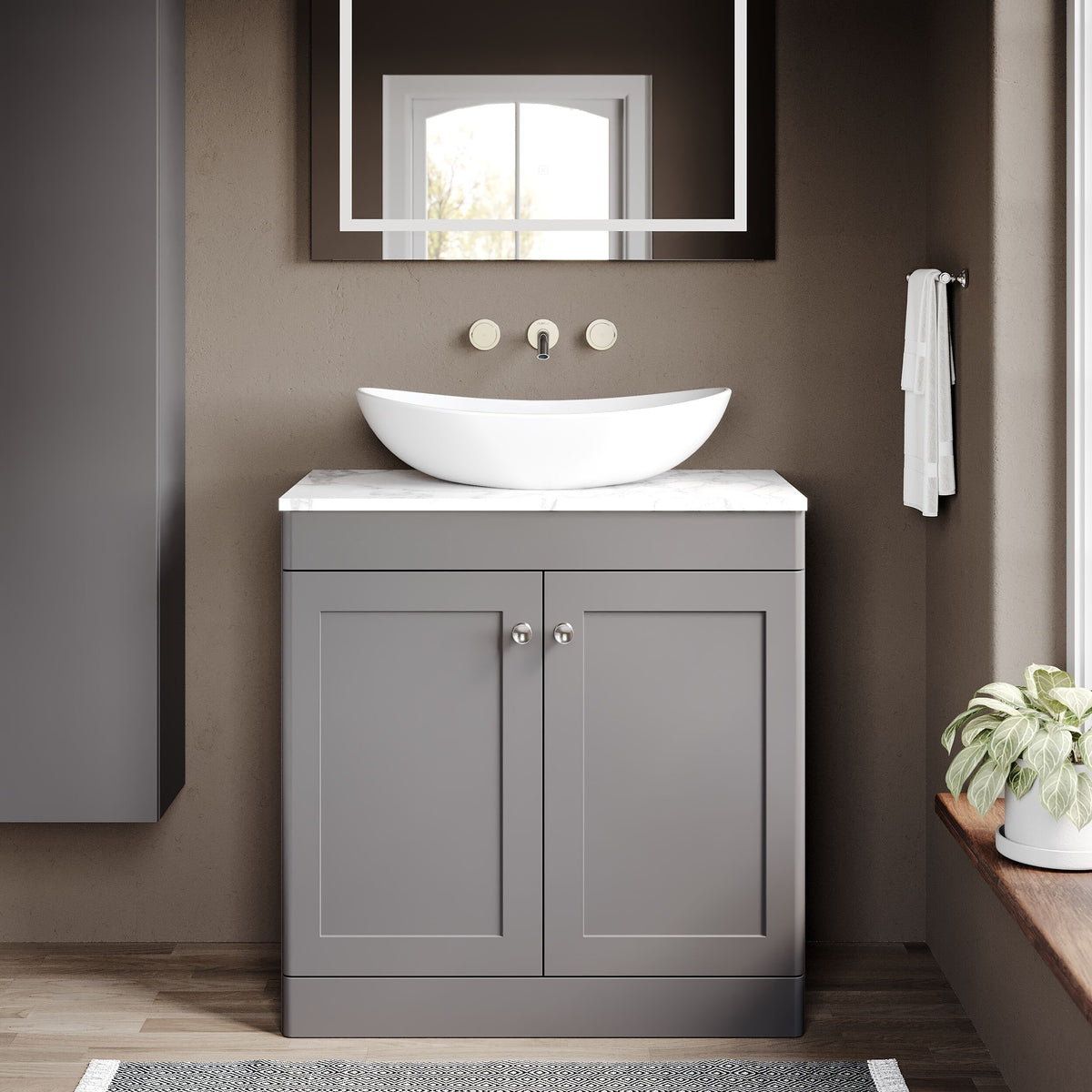 Modern Splash  800mm Satin Grey 2 Door Floor Standing Vanity Unit With Carrara Marble Worktop