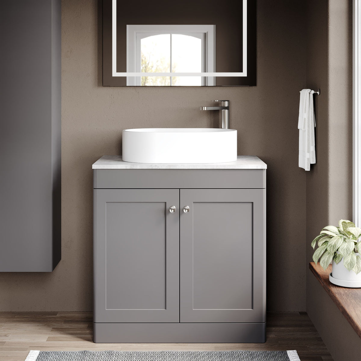 Modern Splash 800mm Satin Grey2 Door Floor Standing Satin Grey Vanity Unit With Grey Marble Worktop