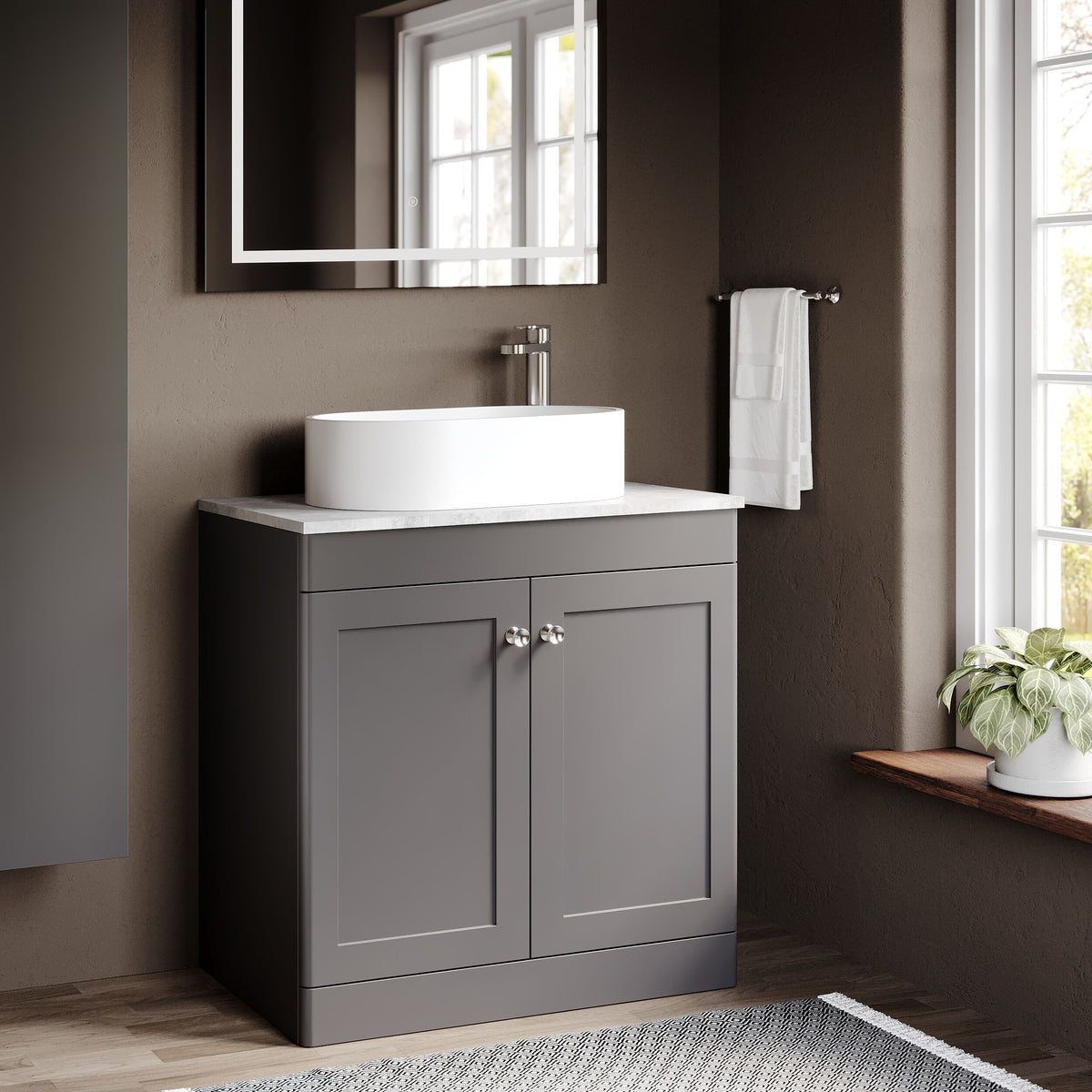 Modern Splash 800mm Satin Grey2 Door Floor Standing Satin Grey Vanity Unit With Grey Marble Worktop