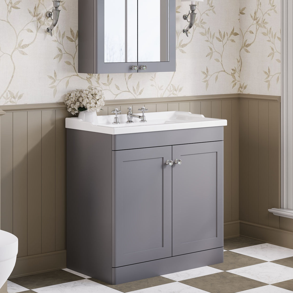 Modern Splash 800mm Satin Grey 2 Door Floor Standing Vanity Unit With 3 Tap Hole Basin