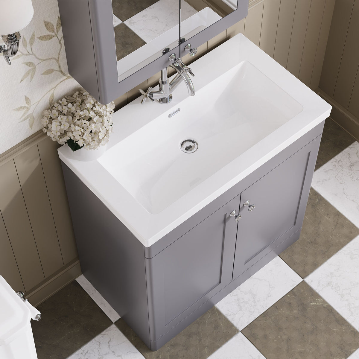 Modern Splash 800mm Satin Grey 2 Door Floor Standing Vanity Unit With 1 Tap Hole Fireclay Basin
