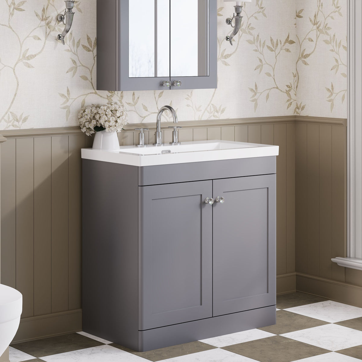 Modern Splash 800mm Satin Grey 2 Door Floor Standing Vanity Unit With 3 Tap Hole Fireclay Basin