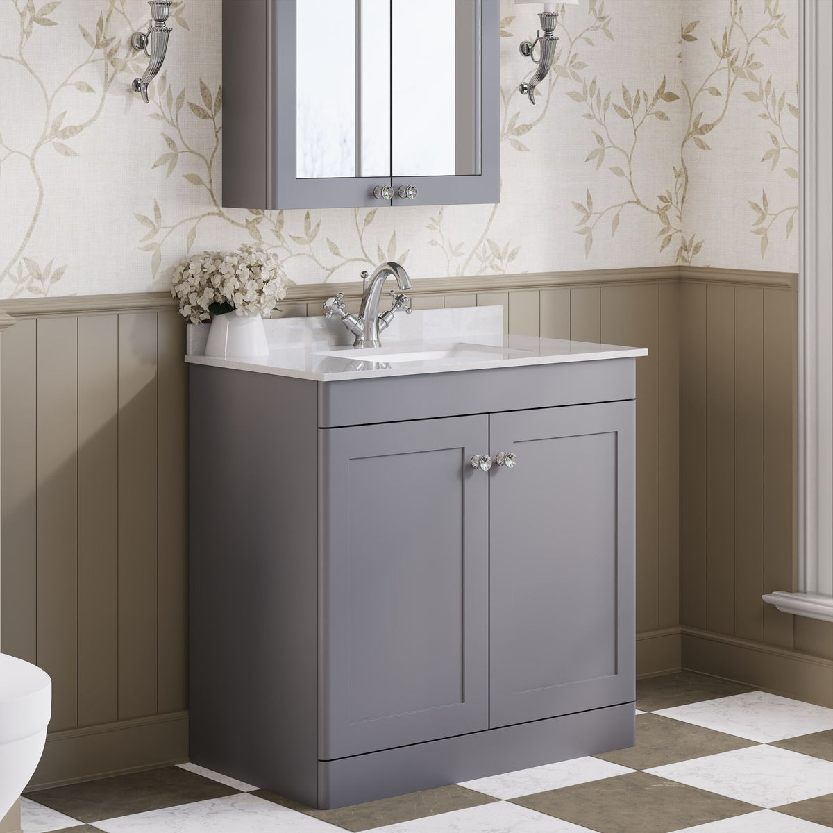 Modern Splash 800mm Satin Grey 2 Door Floor Standing Vanity Unit With 1 Tap Hole Marble Basin