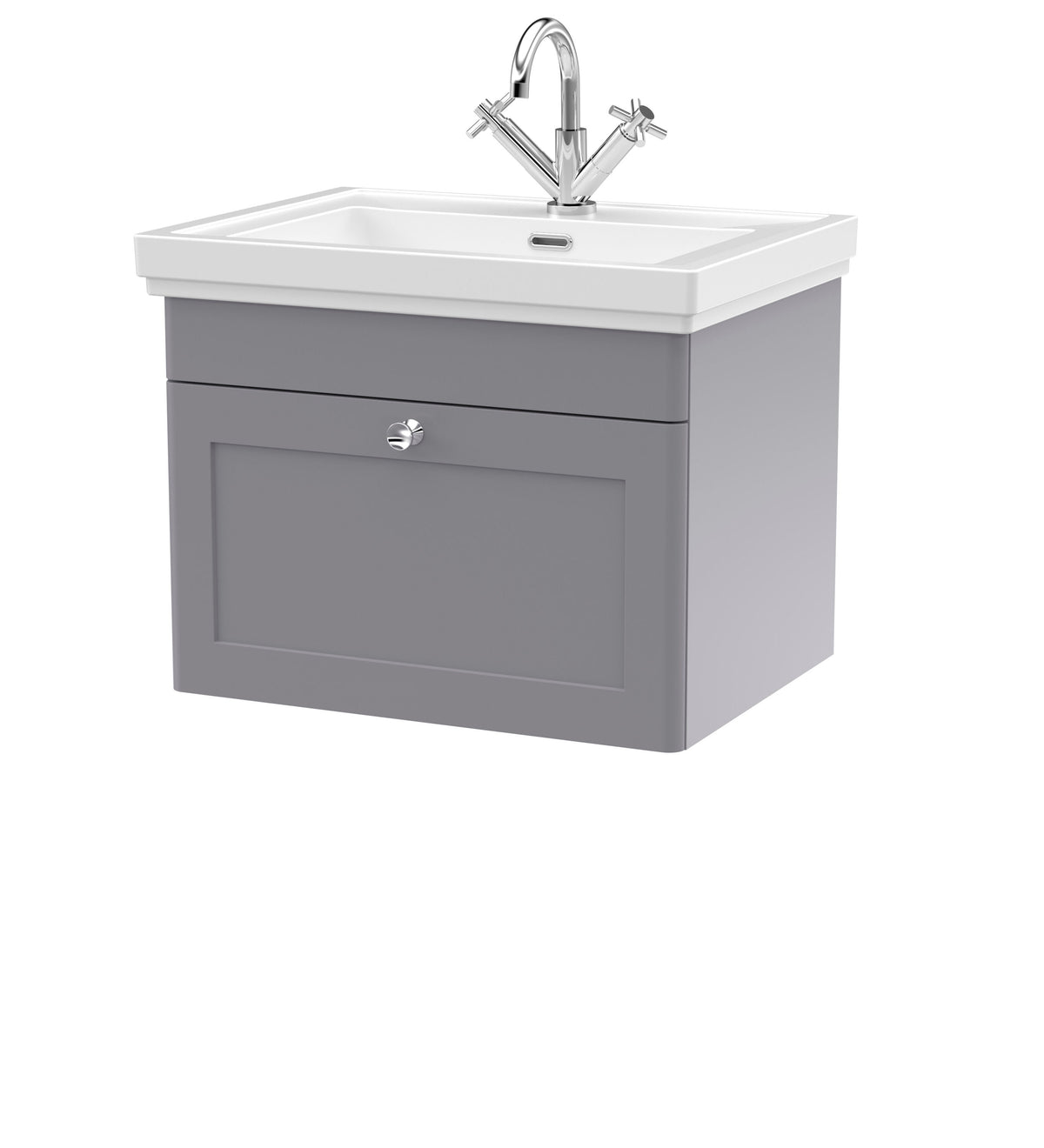 Modern Splash 600mm Satin Grey 1 Drawer Wall Hung Vanity Unit With 1 Tap Hole Basin With Ceramic Basin