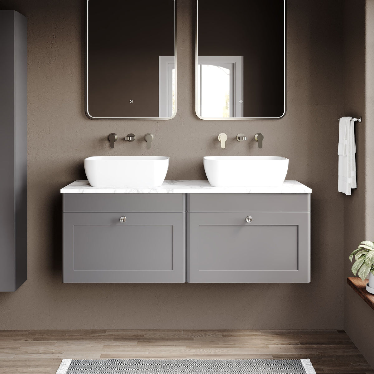 Modern Splash 1200mm Satin Grey 2 Drawer Wall Hung Vanity Unit With Carrara Marble Worktop