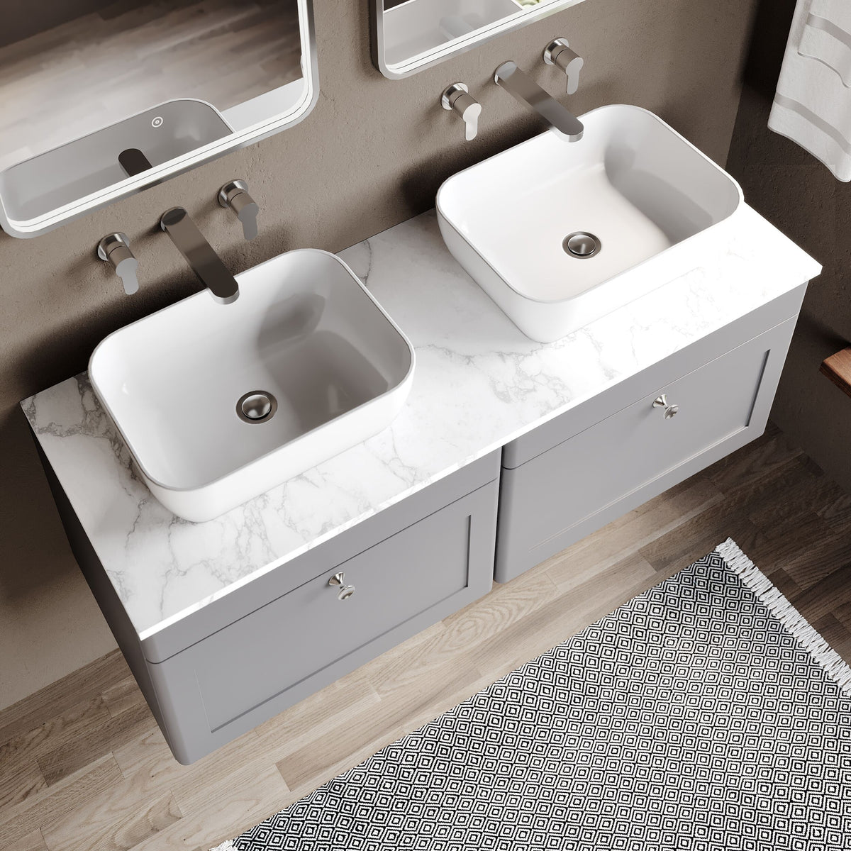 Modern Splash 1200mm Satin Grey 2 Drawer Wall Hung Vanity Unit With Carrara Marble Worktop