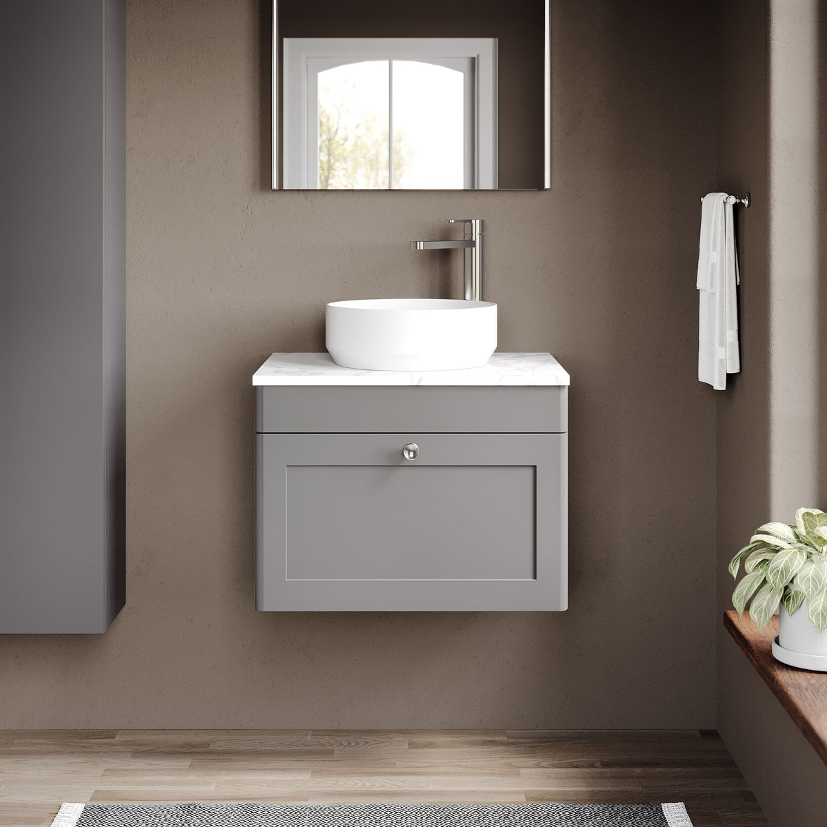 Modern Splash 600mm Satin Grey  1 Drawer Wall Hung Vanity With Carrara Marble Worktop
