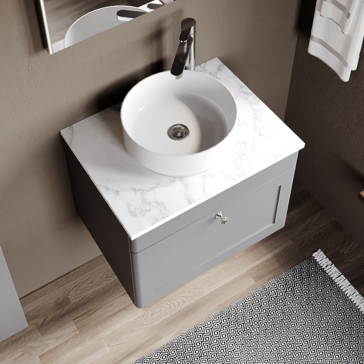 Modern Splash 600mm Satin Grey  1 Drawer Wall Hung Vanity With Carrara Marble Worktop